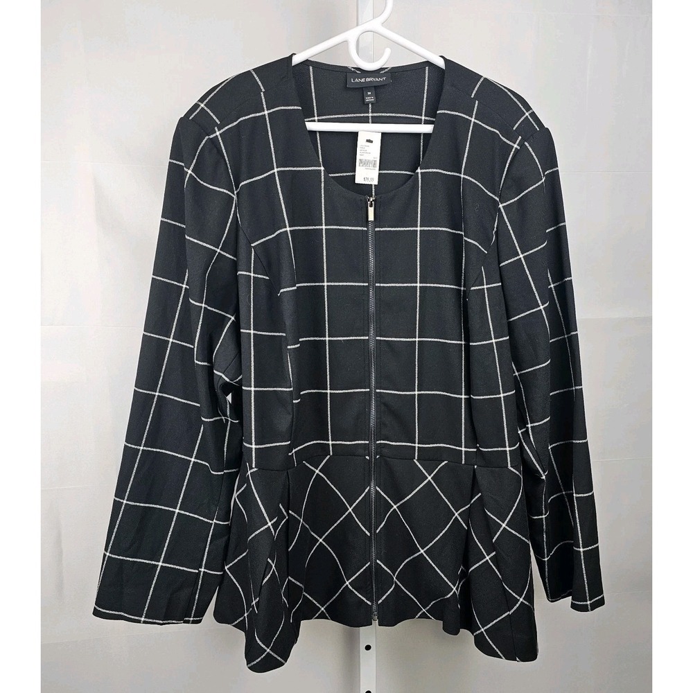 NWT Lane Bryant Peplum Zip Front Jacket Window Pane Black White Career Office 28